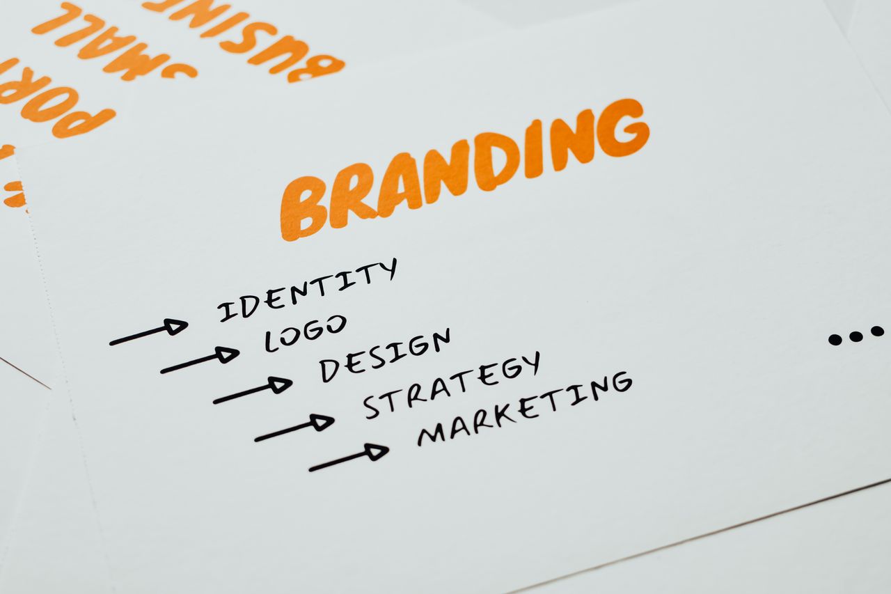 our-experience Close-up of a paper with branding, identity, design, strategy, and marketing concepts in orange and black.